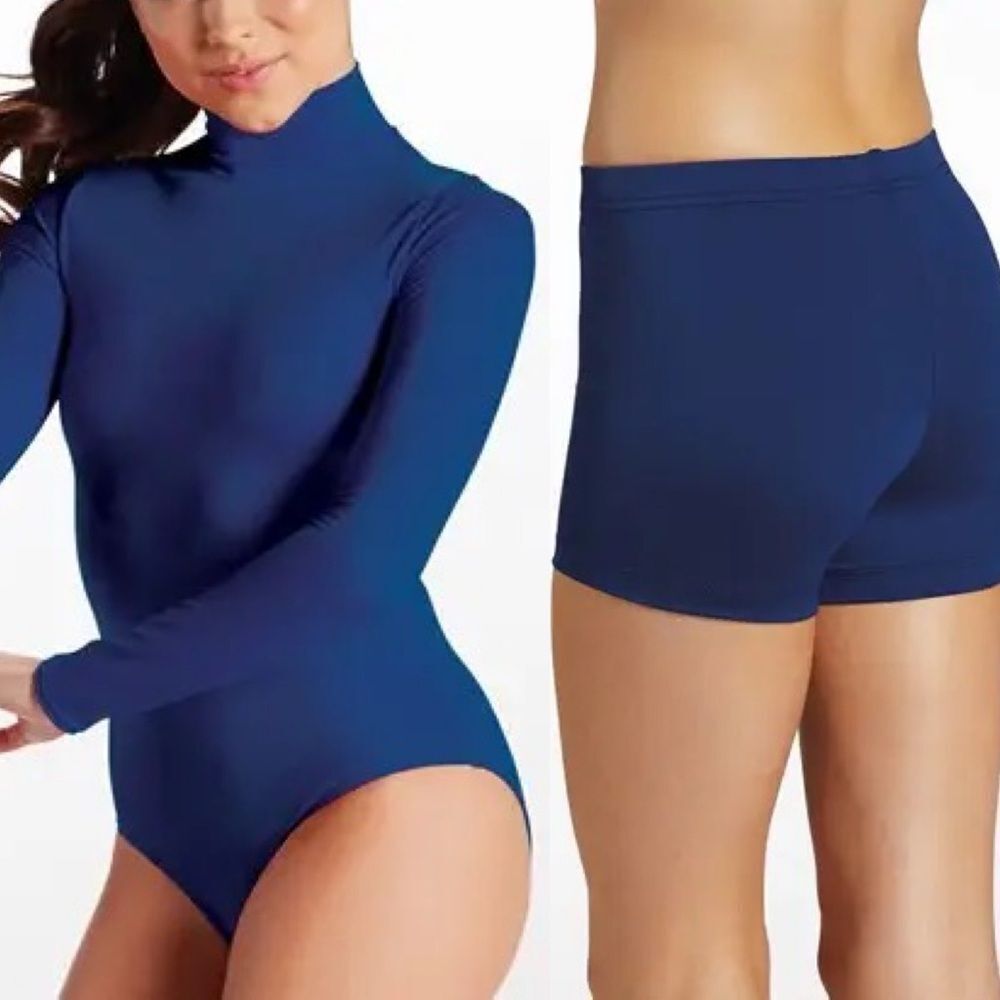 Weissman gymnastics navy blue Mock Neck Long Sleeve Leotard shorts MT12459 MC